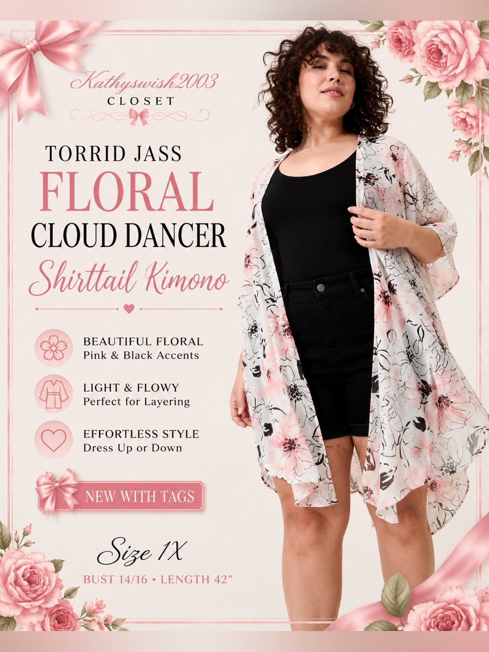 Torrid Jass Floral Cloud Dancer Shirttail Kimono NWT
